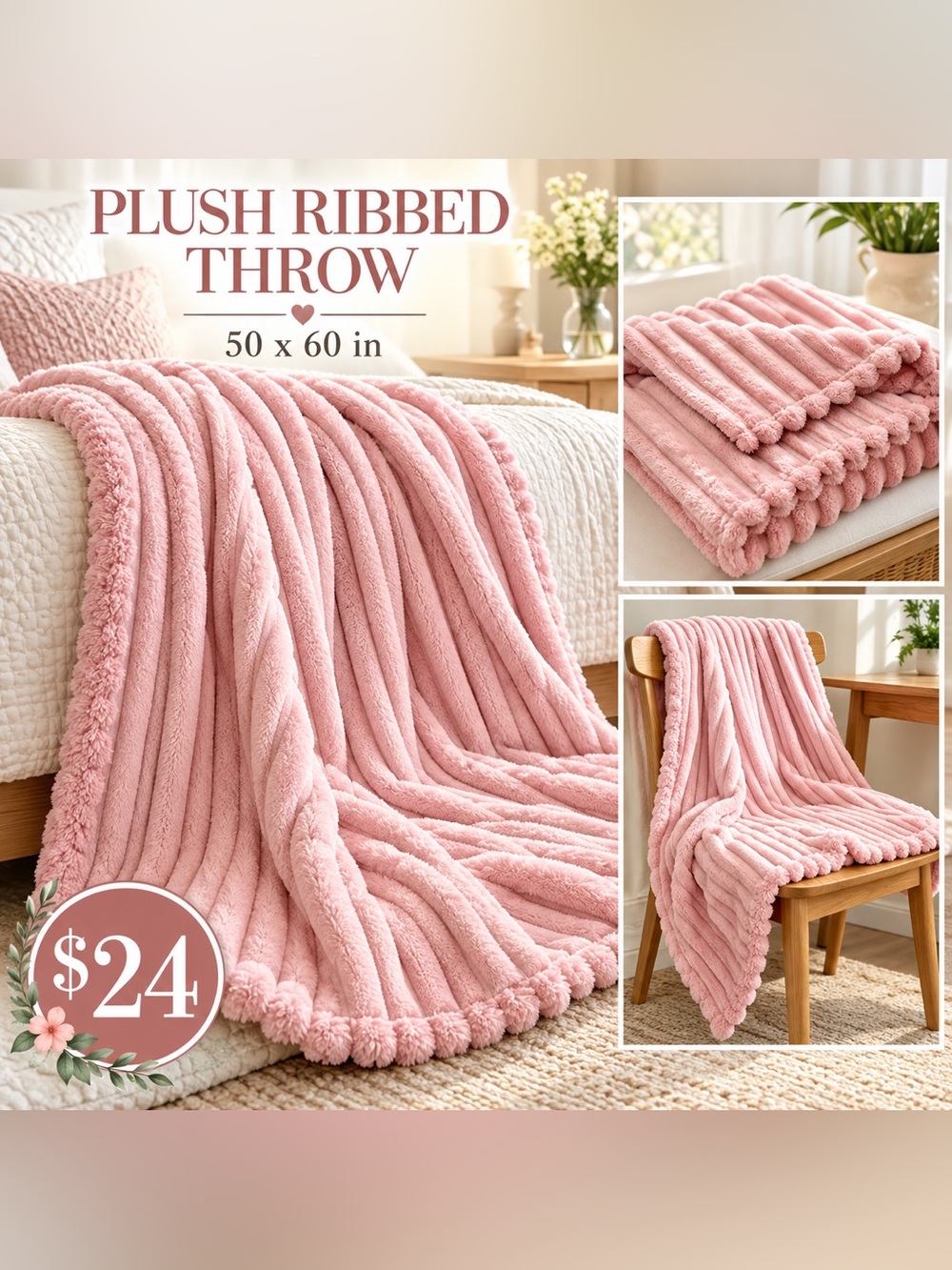 Plush Ribbed Throw Blanket in Pink 50 x 60 in
